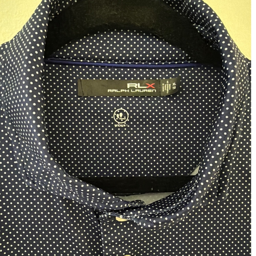 RLX Ralph Lauren Mens XL Navy Blue Polka Dot Stretch Wicking Golf Polo Shirt